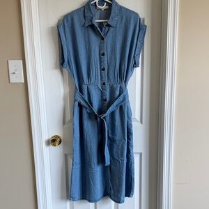 LOFT Denim-Style Button-Front Midi Dress in Blue